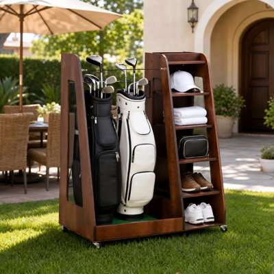 Organisateur de golf roulant en bois à 2 sacs, support de rangement pour équipement de golf mobile avec tablettes à plusieurs niveaux pour le garage, le sous-sol et la remise, brun