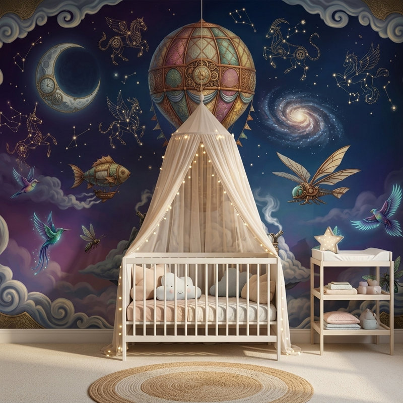 Papier peint montgolfière, ciel nocturne et constellations, 180"x120", Non-Woven Nonpasted