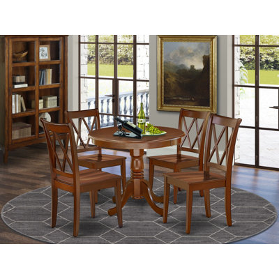 Ensemble de table de salle à manger 5 pièces pour 4 personnes comprenant une table de cuisine ronde avec piédestal et 4 chaises de salle à manger en acajou