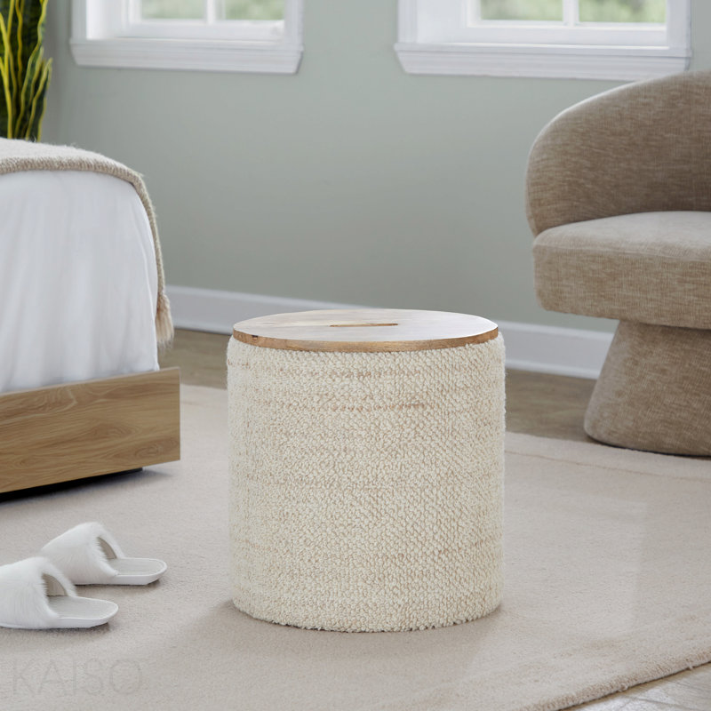 Repose-pieds en bois avec rangement, laine tissée à la main / bois de manguier - beige