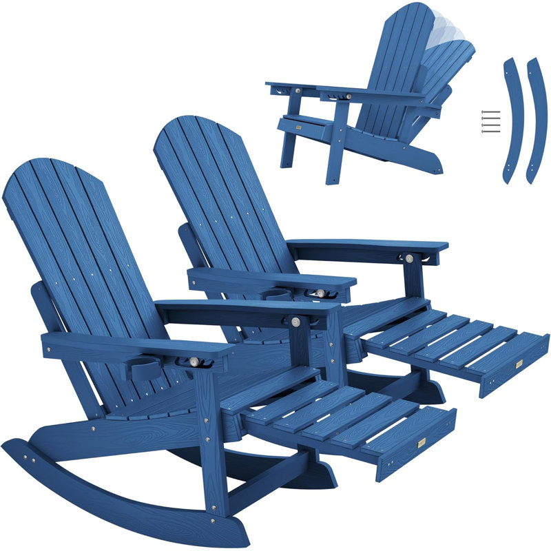 Lot de 2 chaises Adirondack d'extérieur avec repose-pieds, dossier réglable à 5 positions et pouf rétractable, chaise berçante de patio à dossier haut, matériau HIPS robuste avec finition imitation bois, capacité de charge de 181 kg, bleu marine