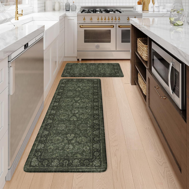 Boho Vintage Kitchen Rugs Sets of 2 Comfort Standing Mat, 119cm L x 44cm W, Dark Green