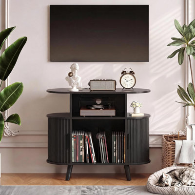 Support pour tourne-disque Mid-Century moderne avec station de charge intégrée - tablette en bois - armoire de rangement ouverte en vinyle - idéal pour le salon ou la chambre à coucher