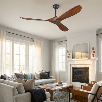  Ventilateur de plafond en noyer massif à 3 pales Orren Ellis sans lumière - télécommande, moteur à courant continu, intérieur / extérieur / patio (bord de mer / maison de campagne)