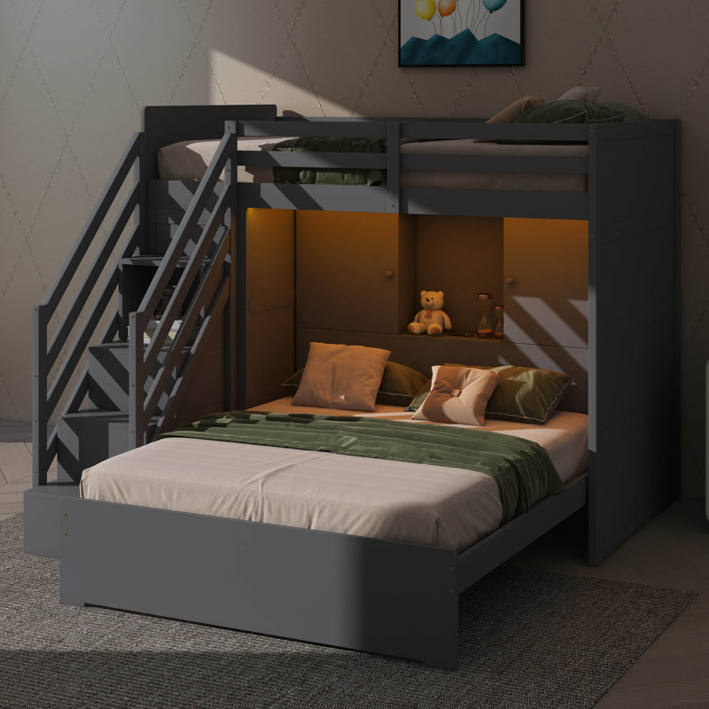 Twin-Over-Full Bunk Bed Featuring Storage Steps, Built-In Wardrobe, USB Ports & Lighting, Gray