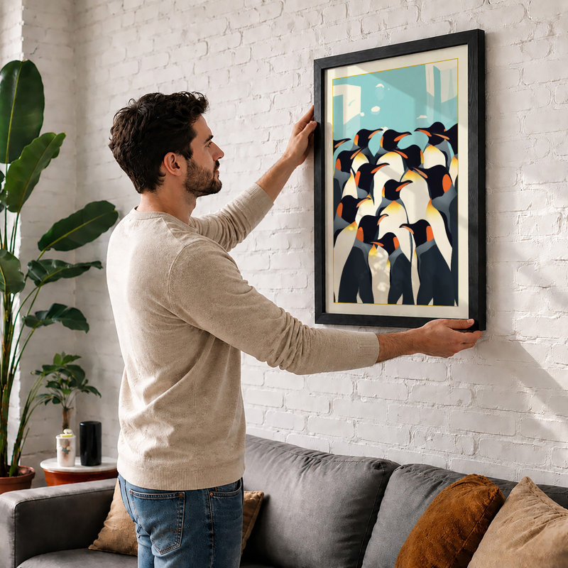 Penguin Cityscape Geometric - Framed Print, A2 - 59.4 x 42.0 cm, Walnut