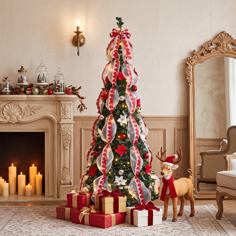 Sapin de Noël artificiel pliable pré-illuminé de 1,80 m avec 200 lumières DEL blanc chaud et décorations rouges et argentées