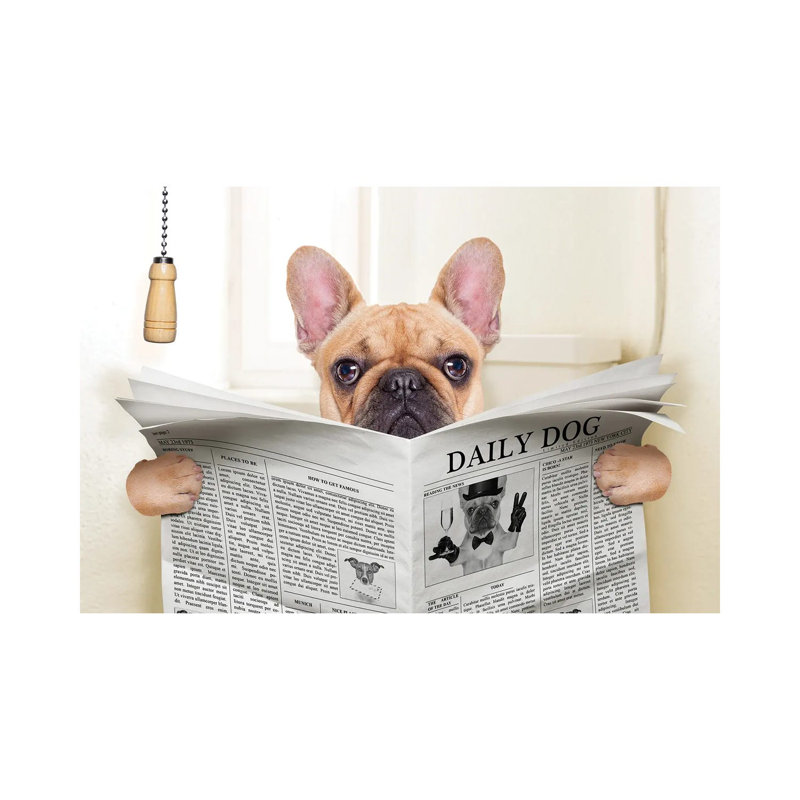 Dog on Toilet Seat Reading Newspaper V 1 Piece Wall Art on Canvas, 66.04cm H x 101.6cm W x 1.91cm D, Wrapped Canvas