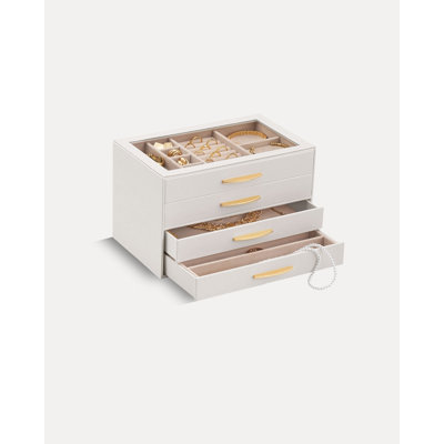 Boîte à bijoux avec couvercle en verre pour femme - 4 compartiments, beige