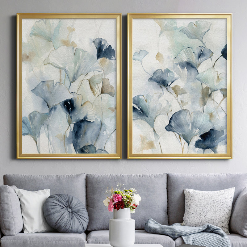 Indigo Ginkgo I, reproduction encadrée de qualité supérieure - prête à être accrochée, Or, H 30,5 po x l 85 po x P 1,5 po