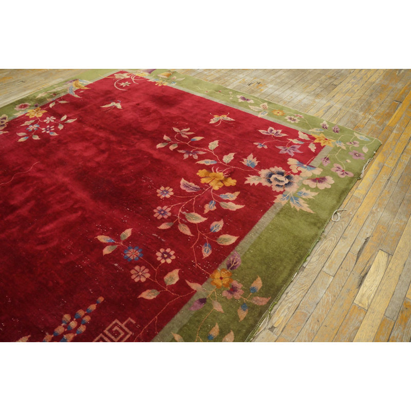 Antique Wool Red / Rust Hand Knotted Pile Chinese Art Deco Rug