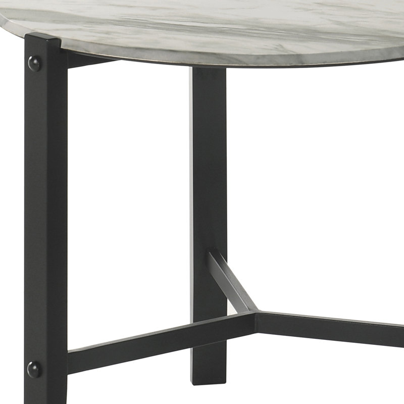Table de bout ronde 24 po Camion, faux marbre blanc, pieds noirs