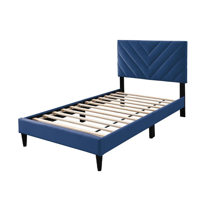 Lit Lilian, revêtement en velours capitonné, coutures à chevrons, Complète, Noir / bleu marine