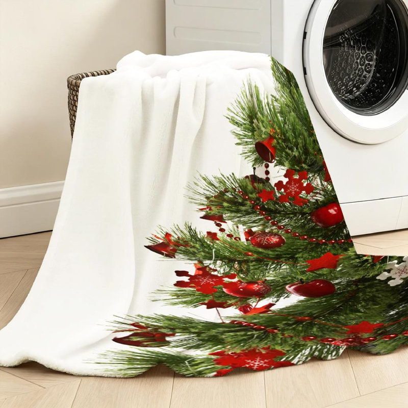 Jeté en flanelle rouge, molleton ultra doux, arbre de Noël avec boules, Throw 50" x 60"