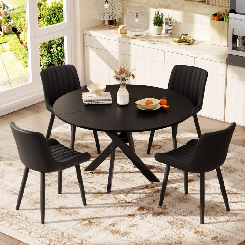 Ensemble de table de salle à manger ronde en panneau de fibres à densité moyenne, table de 35/47 po avec base industrielle croisée et chaises en cuir synthétique 2/4/6 po pour la cuisine, la salle à manger et le salon