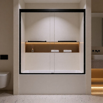 Porte de douche de 56 à 60 po x H 60 po, double cadre coulissant en aluminium (6 mm) en verre trempé ANSI / SGCC, acier inoxydable, film de sécurité facile à nettoyer pour résidence, hôtel et appartement