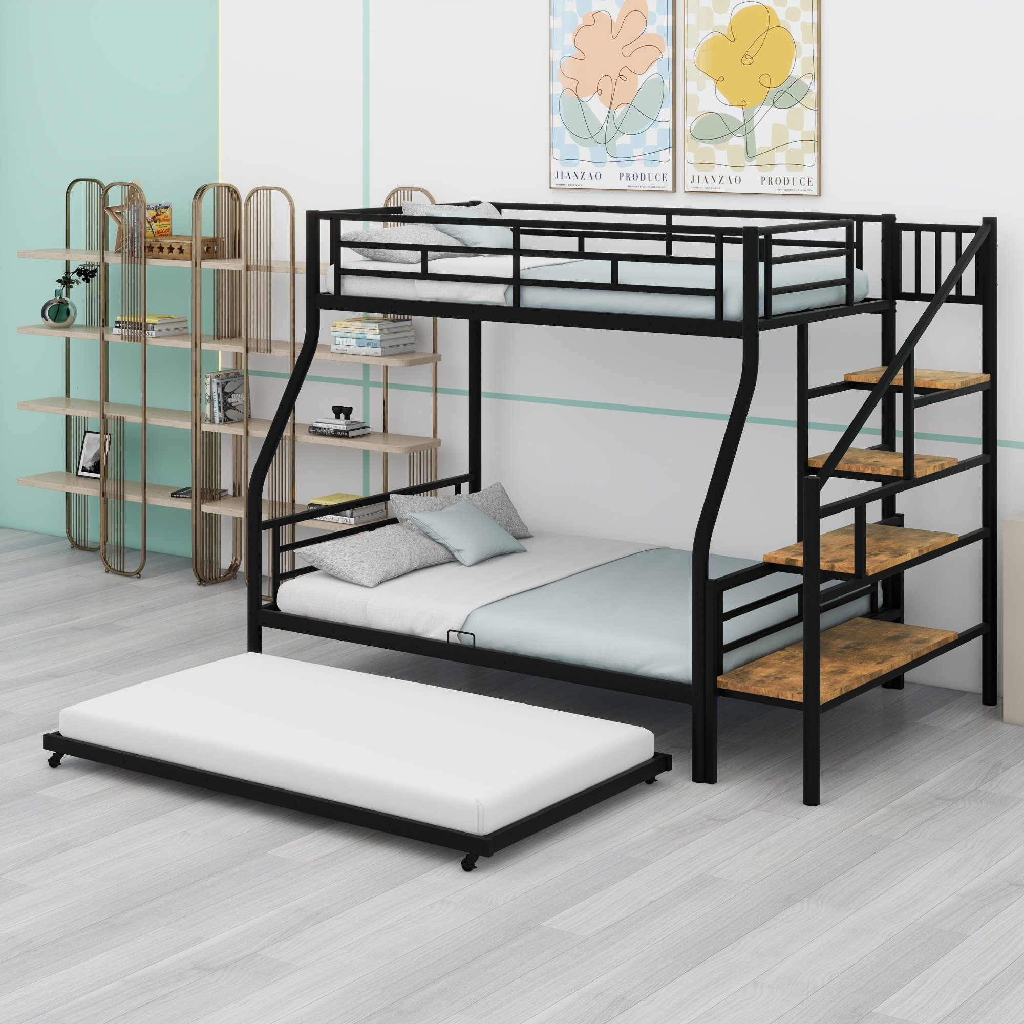 Mason & Marbles Metal Bunk Bed With Trundle And Storage Staircase