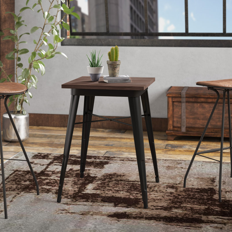Wragby 23.5" Square Metal Indoor Bar Height Table with Rustic Wood Top, Black, 30" H x 24" L x 24" W