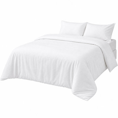 White 4‑Piece Microfiber Bedding Set, Queen & King Size Soft Bed Sheet Set with Duvet Cover, Fitted Sheet, Flat Sheet & Pillowcases for Bedroom