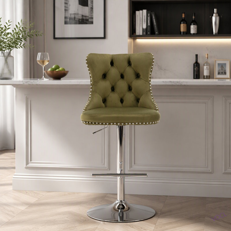 Tabourets de bar pivotants en velours à hauteur de siège réglable de 25 à 33 pouces, tabourets de bar modernes à base chromée avec dossier capitonné confortable pour un pub à la maison et un îlot de cuisine, ensemble de 2