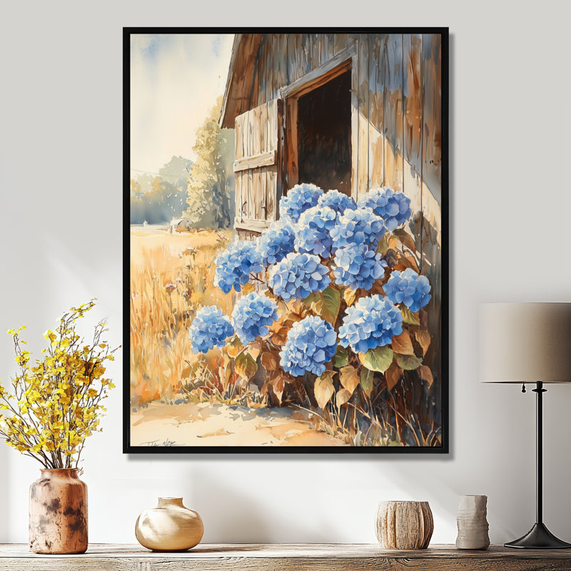 «Ashlie Hydrangeas By The Stable Door I - Hydrangea», art sur toile, Noir, Reproduction avec cadre flottant
