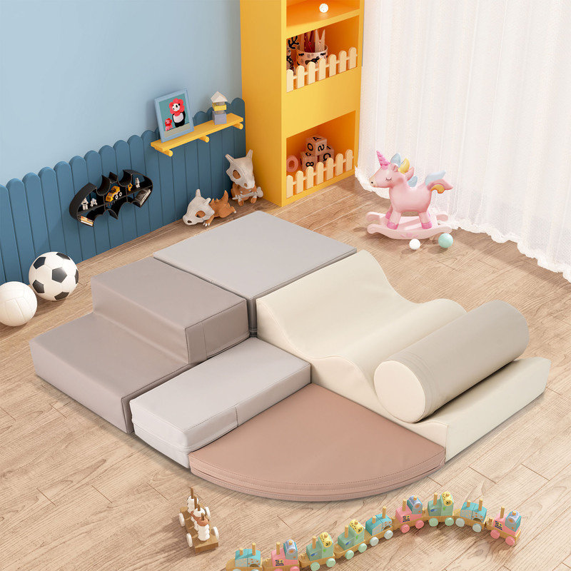 Soft Climb and Crawl Foam Playset 6 in 1, Soft Play Equipment Climb and Crawl Playground for Kids, Beige