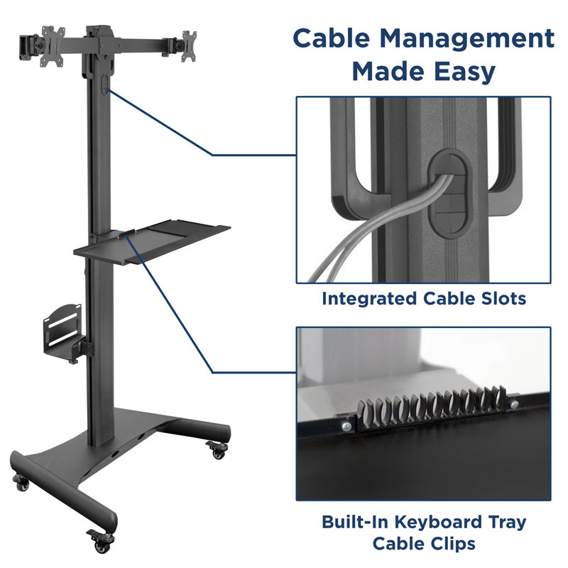 Adjustable Black Steel Mobile Dual Monitor Computer Cart