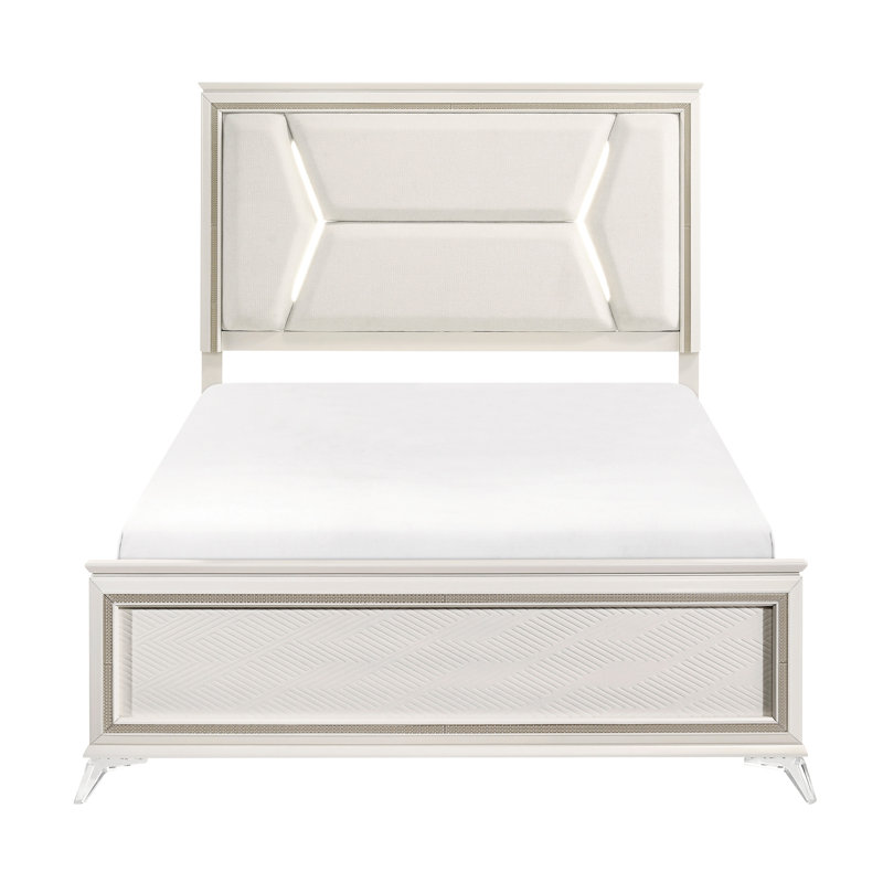Grand lit avec finition blanc antique et or, revêtement de tête de lit en chenille à DEL, bois d'ingénierie stable de luxe moderne à finition bicolore blanc doré,