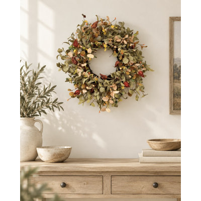 Couronne d'eucalyptus rustique d'automne de 61 cm (24 po), feuillage artificiel de récolte pour la porte d'entrée, décoration de ferme pour l'Action de grâce