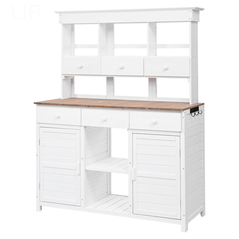 Topmax 65.7'' H Tall Garden Potting Bench Table With Hutch,Patio Storage Workstation With 3 Shelves,6 Drawers,2 Bottom Cabinets&Side Hooks For Mudroom,Doorway