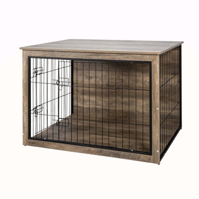Modern Kennel Dogs Room Up To 60 LB, Dog Crate Furniture With Multi-Purpose Rremovable Ttray, Double-Door Dog House, Lift Panel, 360 Degree Rotation -3 Height Adjustable Feeding Bowls(Brown)