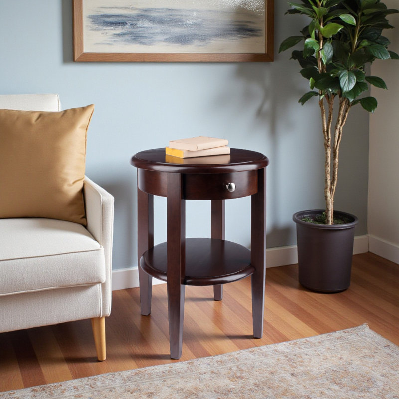 Medway Solid Wood End Table with Storage, open shelf, 1 drawer, Walnut, 23" H X 18" W X 18" D