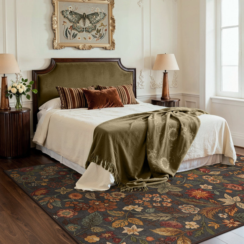 Tapis d'intérieur à motif floral lavable à la machine avec envers antidérapant Ammons Veridia, Rectangle 6' x 9'