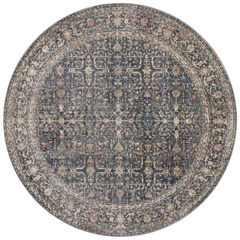 Midnight Blue Round Synthetic Area Rug with Fringe
