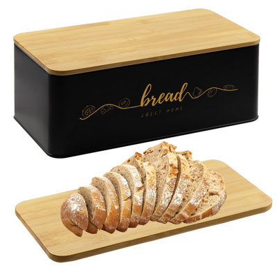 Boîte à pain avec couvercle en planche à découper en bambou, boîte à pain en métal pour comptoir de cuisine, petit contenant à pain, bac à pain noir pour comptoir de cuisine