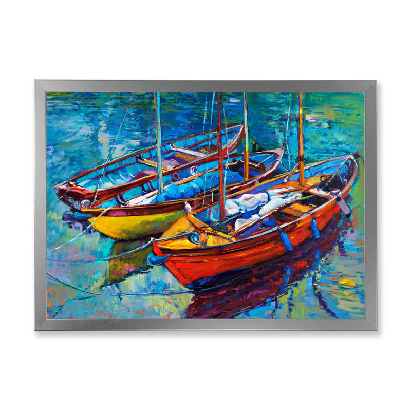 Trois bateaux dans le port - Peinture sur toile, H 24 po x l 32 po x P 1 po, Cadre photo argenté