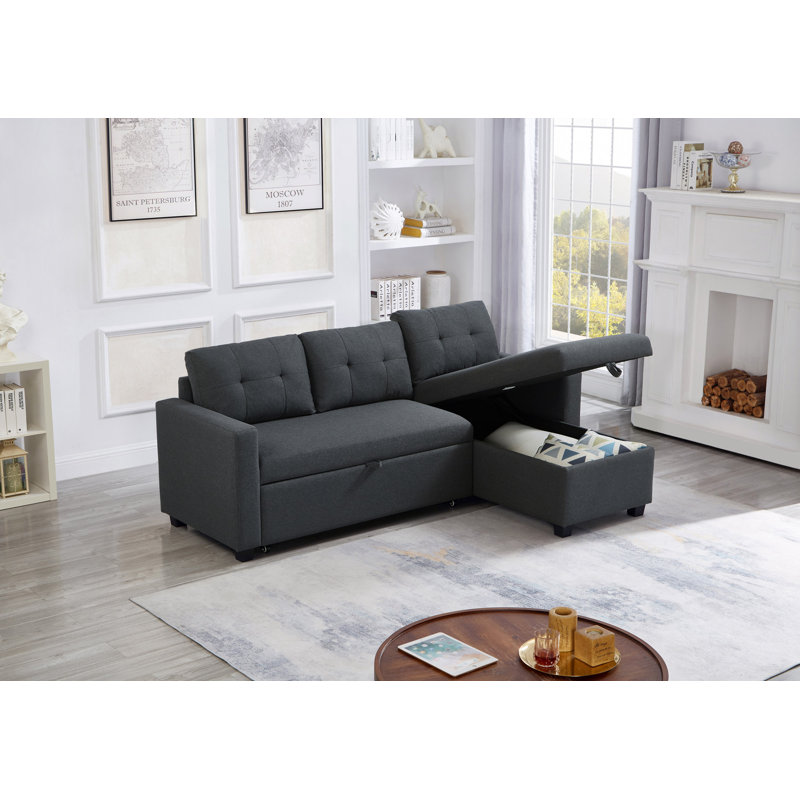 Canapé modulaire rembourré escamotable avec méridienne de rangement, canapé d'angle convertible, Lin gris foncé