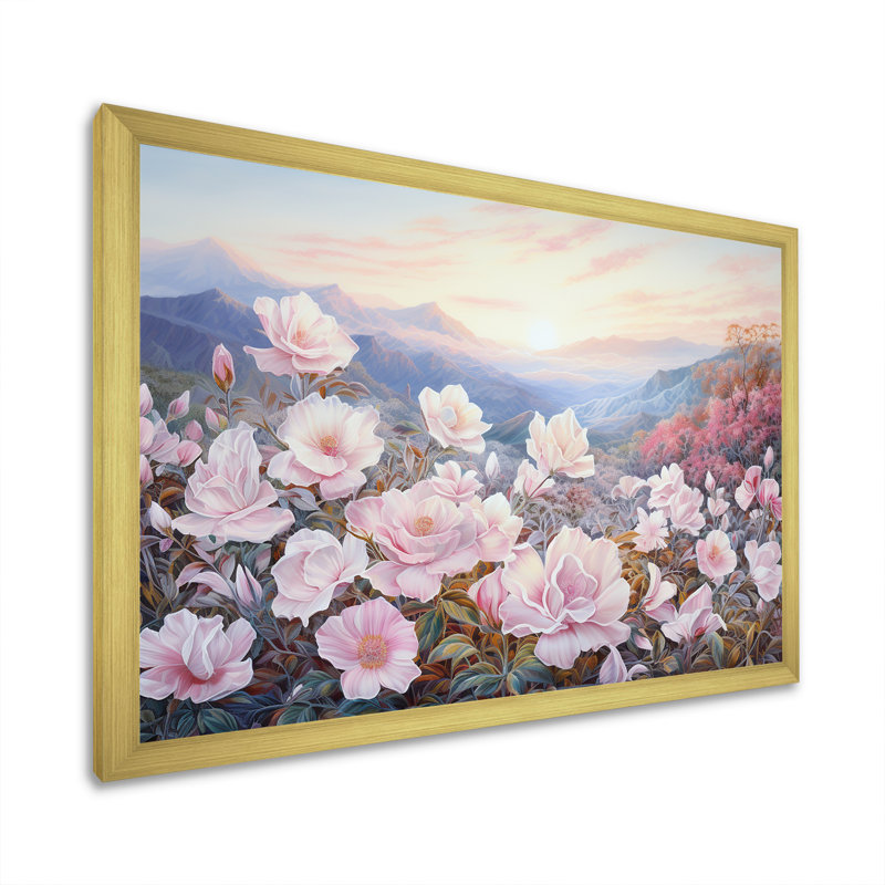 Champ de roses roses en montagne, Cadre doré simple, H 30 po x l 40 po x P 1,5 po