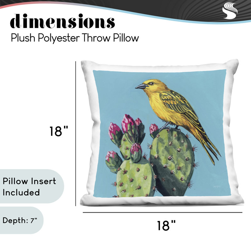 Coussin décoratif imprimé oiseau jaune sur cactus Bloom, design par Kate Jarvik Birch, 18 x 7 x 18, Merle bleu