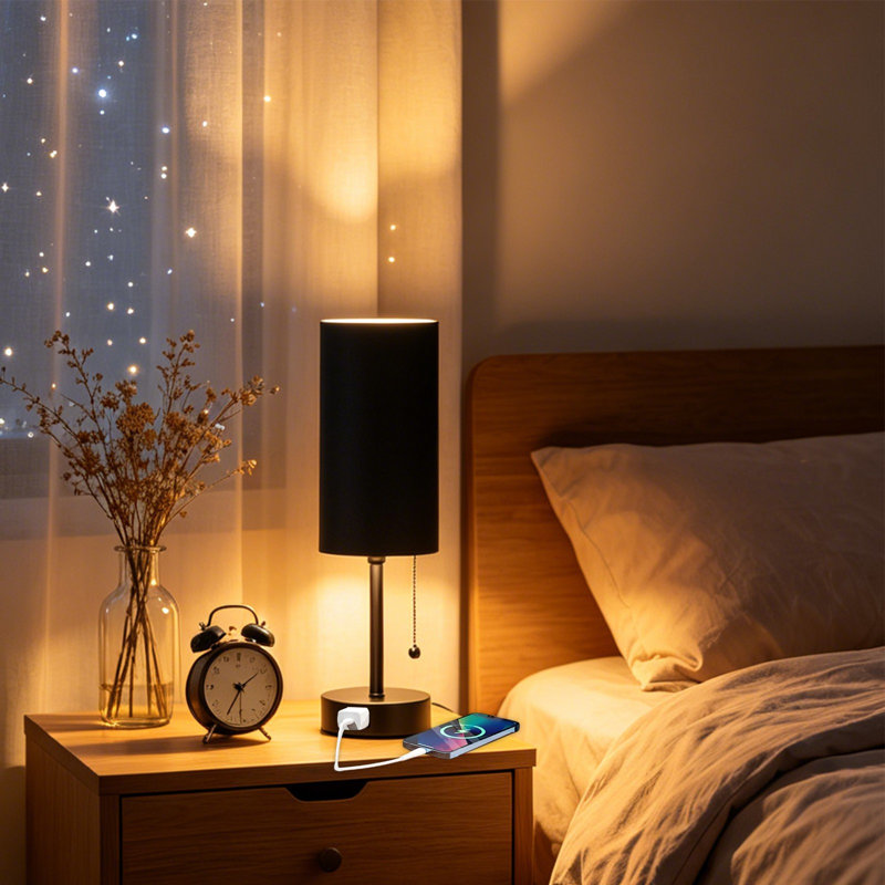 Mini lampe de table de chevet à contrôle de la chaîne de nuit avec ports de charge et abat-jour cylindrique en lin, Black