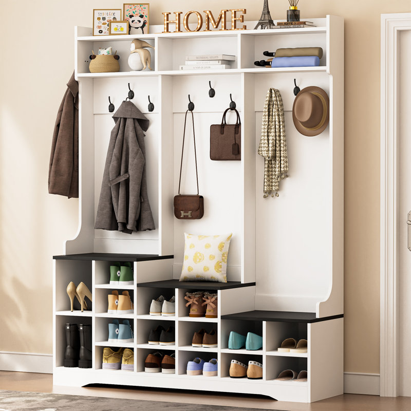 Portemanteau avec rangement pour chaussures, banc d'entrée avec portemanteau, 16 casiers à chaussures et 10 crochets à manteaux, étagère de rangement autoportante avec compartiments pour tablette d'entrée pour entrée, blanc