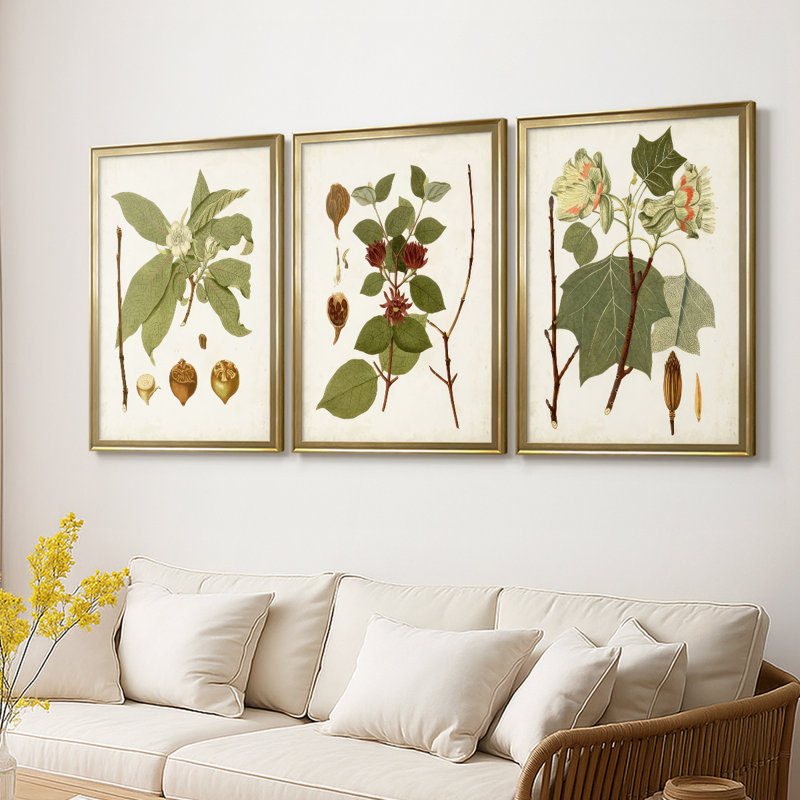 Antique Leaves I - Toile tendue avec châssis sur mesure - 3 pièces, H 21 po x l 30 po, Doré