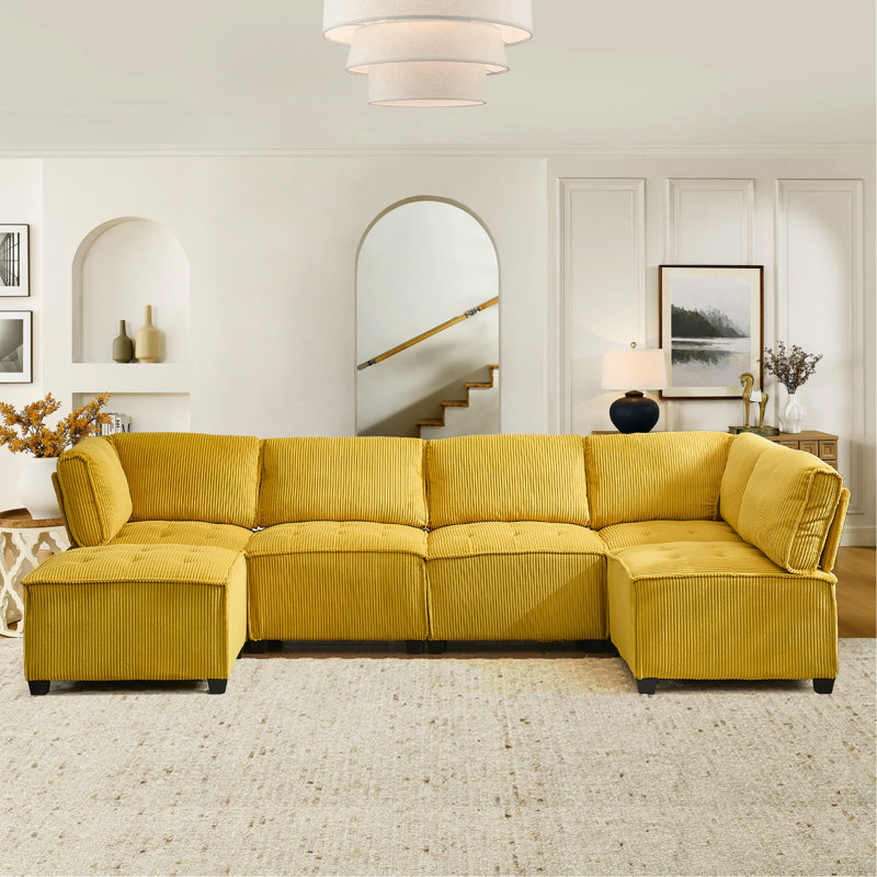 Arlynda 121.26"W Modular U-shape Sectional, RAF, LAF, Ottoman, Yellow Corduroy