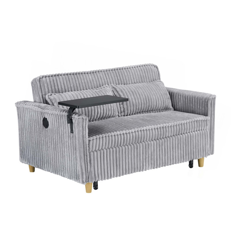 The pull-out and push-in corduroy sofa with dual functions, equipped with a movable tabletop and USB ports, is suitable for use in living rooms and bedrooms.