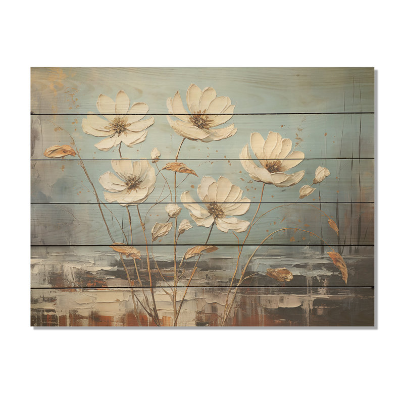 White Daisy Flower Charm - Daisies Wood Wall Art On Natural Pine Wood, 30" H x 40" W