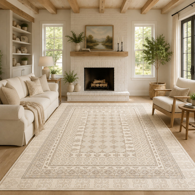 Tapis à bordure géométrique lavable à la machine, Beige, 9 x 12 pi