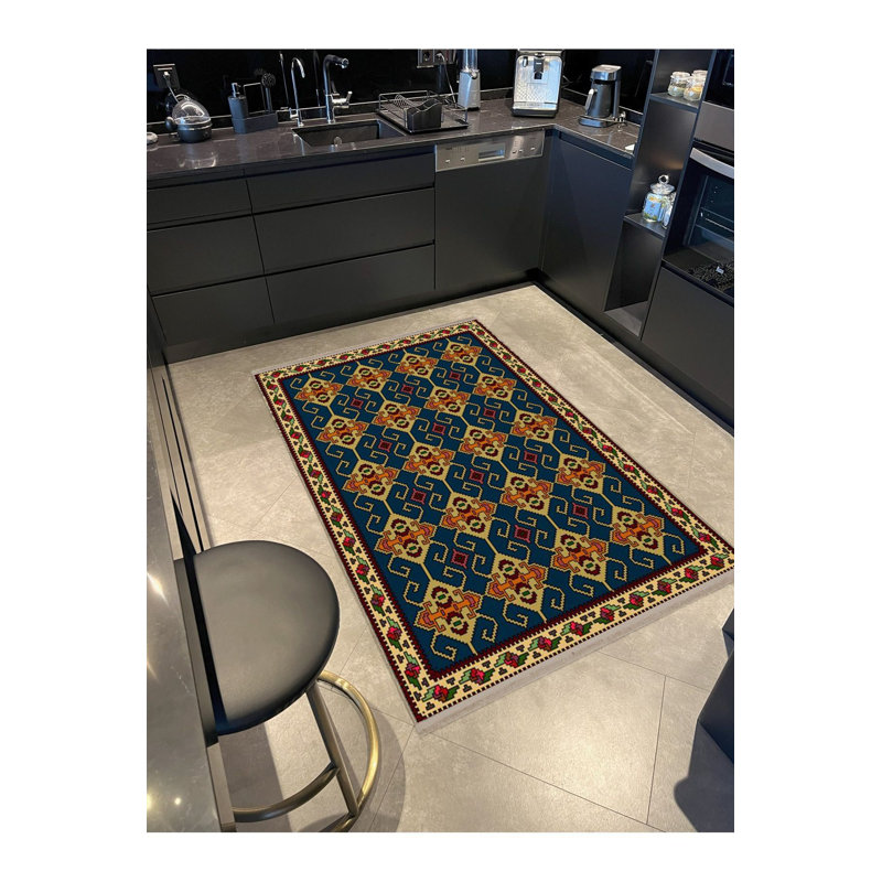 Tapis bleu délavé à motif frangé traditionnel, Sous-tapis carré 3 pi 3 po inclus