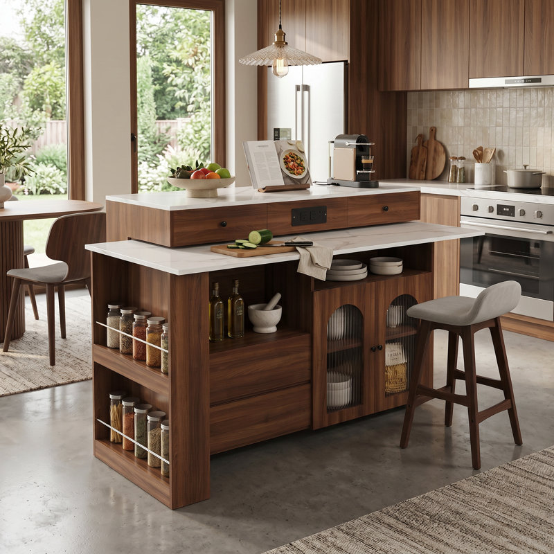 Îlot de cuisine avec table extensible et rotative, table d'îlot avec rangement, poste de salle à manger extensible pour 2 à 4 personnes