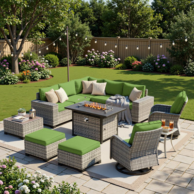 12-Piece Outdoor Modular Sectional Patio Conversation Set With Fire Pit Table, Swivel Rocker Chairs & Ottomans