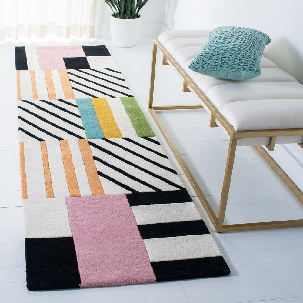 Tripoli Ivory Black Pink Hand-Tufted Geometric Rug, Runner 2'3" x 9'